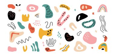 Abstract organic shape, modern doodle icon, cartoon contemporary set. Decoration pastel blob, cute scribble isolated on white background. Colorful sketch texture hand drawn. Vector illustration