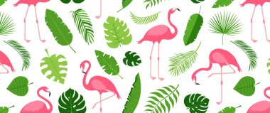 Palm leaf and flamingo seamless pattern, tropical tree and swan background, jungle plant bg, exotic foliage and bird print. Cartoon summer floral and animal textile. Hawaiian vector illustration