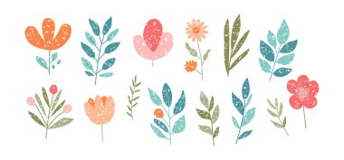 Spring flower crayon icon, cute kid pastel floral set, color chalk childish plant, pencil garden set, bloom and leaf charcoal art isolated on white background. Painting hand drawn vector illustration