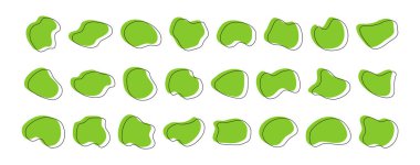 Organic shape icon, irregular blob, abstract random splodge, green liquid spot, graphic simple form, amoeba stain set isolated on white background. Asymmetric vector illustration
