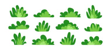 Bush grass, forest tree and plant, green garden icon. Cartoon symbol park, leaf, lawn. Landscape and meadow, abstract field, cute foliage set isolated on white background. Nature vector illustration