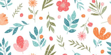 Bahar çiçeği renksiz desen, tatlı çocuk pastel çiçekli arka plan, renkli tebeşir bitkisi baskısı, kalem bahçesi bg, çiçek ve yaprak kömür duvar kağıdı. El çizimi vektör çizimi boyanıyor