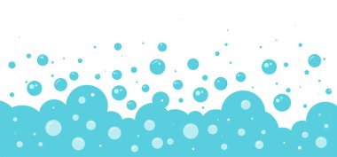 Köpüklü su balonu arka planı, sabun deseni, karikatür gazozu, banyo mavisi kenar, deniz, yıkama, şampuan. Çamaşır şeffaf köpükler, köpük banyosu. Soyut vektör illüstrasyonu