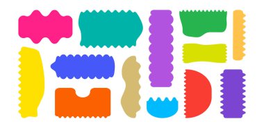 Şekil dalgalı çerçeve, kıvrımlı kenarlık, çıkartma kenarı, zig zag etiketi, kıvrımlı rozet, beyaz arkaplanda izole edilmiş renkli kutu silüeti geometrik formu. Vektör illüstrasyonu