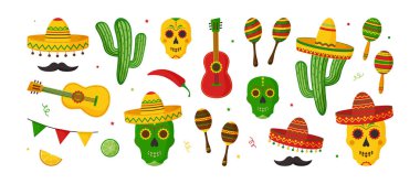 Cinco de Mayo partisi, Meksika Fiesta dekorasyon ikonu. Gitar ve sombrero, kaktüs ve maraka, çelenk biber, kafatası, bıyık. Meksika, Latin, İspanyol bayram çıkartması seti. Çizgi film vektör illüstrasyonu