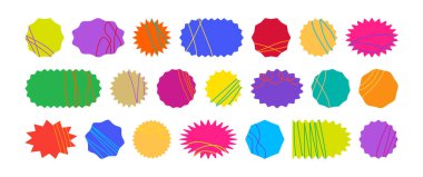 Çıkartma şeklindeki yıldız patlaması, etiket indirimi, fiyat etiketi, mühür balonu, renkli afiş sosyal medya, yuvarlak düğme, beyaz arkaplanda izole güneş patlaması. Terfi ikonu. Vektör illüstrasyonu