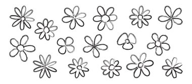 Çiçek desenli el çizimi, bahar çiçeği desenli kömür karalaması, boya fırçası sevimli tebeşir bitkisi, siyah papatya yaprağı papatyası, bebek pastel doğası, çiçek açan papatya boyası. Vektör illüstrasyonu