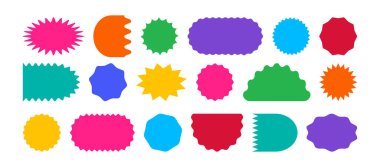 Şekil yıldız etiketi, yıldız patlaması etiketi, indirim simgesi, fiyat etiketi, dalgalı çerçeve, renkli retro balon, kıvrımlı sınır damgası, beyaz arkaplanda zig zag kenar rozeti. Vektör illüstrasyonu