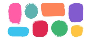 Metin kutusu pastel boya, boya fırçası şekilli çerçeve, sınırdaki çocuk, renkli kaba tebeşir çıkartması, beyaz arka planda izole edilmiş şirin bir kömür notu. Çizgi film konuşma etiketi hazır. Çocuksu vektör illüstrasyonu