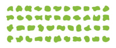 Organik şekil kabarcığı, soyut düzensiz biçim, sıvı nokta, sıvı kabarcık ikonu. Yeşil yuvarlak şekil, basit renk daire lekesi. Beyaz arkaplanda rastgele dalga sıçrama lekesi var. Vektör illüstrasyonu