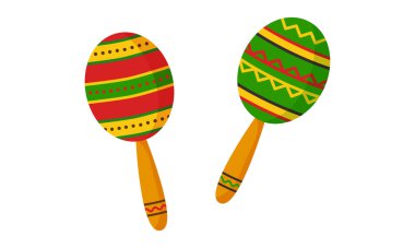 Meksika marakaları, şirin müzik aleti, karikatür fiesta vektör ikonu. Cinco de Mayo partisi, geleneksel karnaval. Beyaz arka planda izole edilmiş Latin tatil seti. İspanyol kutlama illüstrasyonu