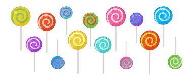Lolipop şekeri, çizgi film pop çubuğu ikonu, yuvarlak girdap lolipop renkli şeker, beyaz arka planda izole edilmiş şirin karnaval emicisi. Parlak çocuk atıştırması. Gökkuşağı vektör illüstrasyonu