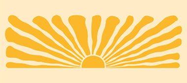 Güneş yarım yaz şablonu, retro ışın arka planı, patlamış güneş ışığı dalgası, soyut modaya uygun doku, radyal klasik güneş patlaması, çizgi film sarı boho ışını. Hafif geometrik funky bg. Vektör illüstrasyonu