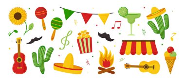 Festa Junina Brasil partisi, Latin karnaval ikonu, müzik yaz festivali. Geleneksel çiftlik sembolü. Ayçiçeği, hasır şapka, patlamış mısır, dondurma, nota, beyaz banda izole edilmiş bıyık. Vektör illüstrasyonu