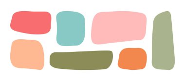 Organik şekil dikdörtgeni, soyut çerçeve, çocuk metin kutusu, eğlenceli kare form, düzensiz baloncuk, beyaz bg 'ye izole edilmiş yuvarlak karalama. Geometrik el yazısı pastel renkli. Çocuk vektör illüstrasyonu