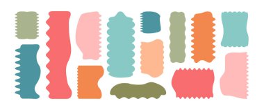 Şekil zig zag etiketi, dalgalı kenar damgası, çerçeve kıvrımlı, dalga kutusu pastel rengi, kıvrımlı kıvrımlı rozet, beyaz arkaplanda izole edilmiş renkli karalamalar. Geometrik vektör çizimi