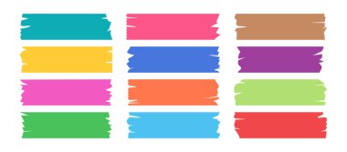 Bant yapıştırıcı, maskeleme kağıdı, tatlı bir çıkartma yırtık, çizik, renkli karalama defteri, beyaz bg 'de izole edilmiş dekorasyon bandı. Kesme çubuğu. Kırmızı, mavi, mor kart kolajı. Vektör illüstrasyonu