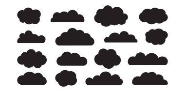 Bulut gökyüzü ikonu, siyah siluet kabarcığı, ağ kolajı seti, duman havası, soyut cennet sembolü, beyaz bg üzerinde izole edilmiş siyah minimal hava işareti. Çizgi film basit vektör çizimi