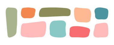 Organik şekilli dikdörtgen ve kare, soyut çocuk çerçevesi, çocuk metin kutusu, eğlenceli temel form, düzensiz baloncuk, beyaz bg üzerinde izole yuvarlak karalama. Geometrik el yazısı çizilmiş. Şirin vektör illüstrasyonu