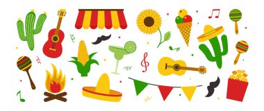 Festa Junina Brasil partisi, Latin Haziran karnaval ikonu, müzik yaz festivali. Geleneksel çiftlik sembolü. Ayçiçeği, hasır şapka, patlamış mısır, dondurma, not, beyaz banda izole edilmiş bıyık. Vektör illüstrasyonu