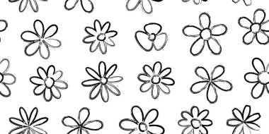 Çiçeksiz papatya deseni, çiçekli arka plan el çizimi, bahar çizgisi kömür karalama izi, boya fırçası şirin tebeşir bitkisi, papatya duvar kağıdı, çiçek pastel bg. Vektör illüstrasyonu