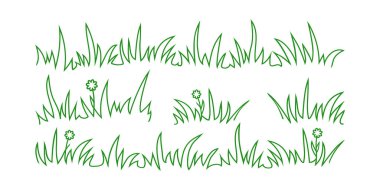 Çimen doğrusal ikonu, çayır ve çiçek çizimi tasarımı, çalı tutacağı, küçük çimen, beyaz bg üzerinde izole edilmiş yeşil çizim bitkisi. Çalılık, parkın el çizimi sınırı. Çiçek ayırıcı hazır. Vektör illüstrasyonu