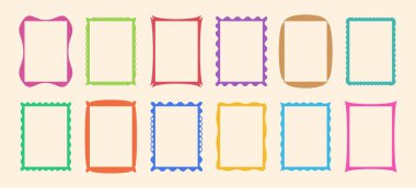 Dalgalı çerçeve şekli, kıvrık kenar, istiridye dikdörtgeni, kıvrık resim, zikzak çizgisi kenarı, eğri vintage kutu. Hoş renkli çıkartma, y2k kıvrımlı pul. Geometrik çocuk karalaması. Vektör illüstrasyonu