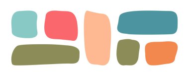 Organik şekil dikdörtgen, kare set. Soyut çocuk düzensiz çerçevesi, çocuk mesaj kutusu, eğlenceli temel form, renkli baloncuk, beyaz bg 'de izole edilmiş yuvarlak damlacık. Geometri afişi elle çizilmiş. Vektör illüstrasyonu