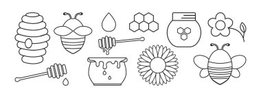 Bal hattı ikonu, arı ve bal peteği tasarımı, arı kovanı ve kavanoz, balmumu hücresi, çiçek ve altıgen siyah siluet beyaz arka planda izole edilmiş. Tatlı bir çiftlik ürünü. Basit vektör illüstrasyonu