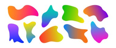 Şekil organik düzensiz renk gradyanı, sıvı damlacık formu, neon renkli şekil, yuvarlak eğri kabarcık gökkuşağı gradyan bg, beyaz arkaplanda izole akışkan nokta dokusu. Dalgalı vektör çizimi