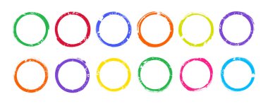 Boya fırçası çizgisi dairesi, yuvarlak boya lekesi el çizimi, renkli kalem karalaması, suluboya çizim yüzüğü, grunge pulu vuruşu, çizim çerçevesi, beyaz bg üzerinde izole edilmiş çocuk foku. Vektör illüstrasyonu