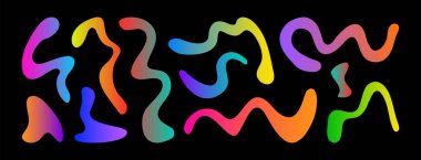 Çizgi renk gradyanı, oyuncu girdap deseni, siyah bg üzerindeki neon dalga, organik 3d kurdele, karatahtadaki sıvı gökkuşağı, spiral dinamik karalama, renkli nokta metin seti. Vektör illüstrasyonunu çal