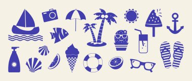 Yaz ikonu, İtalya tatili, deniz kıyısı karalaması, tropikal amialfi mavi seti. Çizgi film dondurması, avuç içi, parmak arası terlik, renkli arka planda kaktüs çıkartması. Yaz mevsimi şirin vektör illüstrasyonu