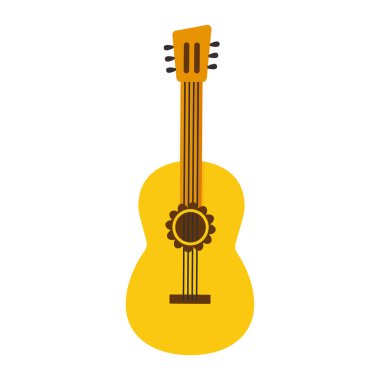 Gitar karikatürü ikonu, müzik aleti, sevimli oyuncak oyunu, klasik ahşap sesli Meksika gitarı beyaz arka planda izole edilmiş. Müzisyen basit vektör çizimi