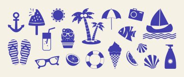 Yaz mevsimi ikonu, Akdeniz tatili, deniz karalaması, tropikal element, Yunan amalfi mavisi seti. Çizgi film dondurması, avuç içi, parmak arası terlik, renkli arka planda kaktüs çıkartması. Yaz zamanı vektör illüstrasyonu