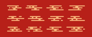 Japon bulut tarzı, Çin altın çizgisi deseni, doğuya özgü basit şekil, Kore element simgesi, Asya motifi. Soyut Çin sembolü, koyu kırmızı arka planda geometrik Tibet sembolü. Dekor vektör illüstrasyonu