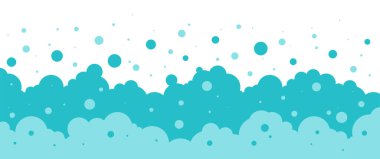 Sabun köpüğü deseni, banyo köpüğü arka plan, su köpüğü soda bg. Mavi, beyaz karbonatlı çerçeve. Çamaşırhane bebek deresi. Çizgi film şampuan dokusu, köpük kenarı, banyo köpükleri. Soyut vektör illüstrasyonu