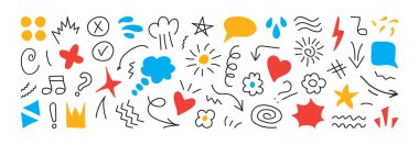 Çizgi roman etkisi ikonu, hız çizgisi elemanı el çizimi, manga anime çizimi karalama, şirin hareket vurgusu renk işareti. İfade simgesi, beyaz arkaplanda izole edilmiş hareket karakteri. Vektör illüstrasyonu