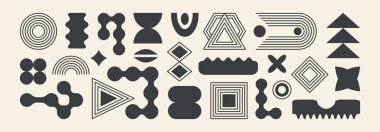 Soyut şekil öğesi, çizgi gaddar figür, geometri seti. Bej bg üzerinde organik Bauhaus retro formu. Asgari fütüristik çıkartma, spiral çerçeve, temel siyah etiket. Basit vektör illüstrasyonu