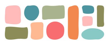 Düzensiz çocuk mesaj kutusu, organik şekil sınırı, sevimli deforme yapısı. Çocuk geometrik karalama figürü. Kare, oval ve daire şeklindeki diyalog baloncukları, beyaz bg 'a izole edilmiş eğlenceli damlacıklı eller. Vektör illüstrasyonu