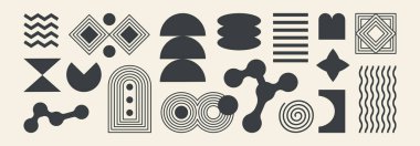 Soyut geometri şekil ikonu, element gaddar figür, asgari retro set. Organik Bauhaus modern formu. Minimum fütüristik çıkartma, yüzyılın ortalarında bej bg üzerinde siyah etiket. Basit vektör illüstrasyonu