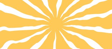 Sun Retro 70 'ler, harika yaz arkaplanı, dalgalı radyal büst bg, dalga ışığı, sarı Ray Boho çiçeği, çizgi film hippi güneş ışığı çizgileri. Açık renkli güneş ışığı. Doğa titreşimleri vektör illüstrasyonu