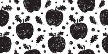 Noel elması kömürsüz desen, yaprak arkaplanlı tatlı meyve, siyah tatil pastel boyası süslemesi. Tatlı Xmas çocuk tebeşiri. Kış elmalı bg. Vektör illüstrasyonu