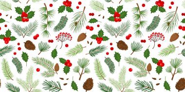Holly Berry, çam kozalağı, ökseotu dalsız desen. Noel ağacı, köknar, yapraklı kış iğnesi arka planı, Xmas doğa baskısı. Bayram kozalaklı çiçek rengi bg. Yeni Yıl vektör illüstrasyonu