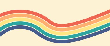 Gökkuşağı retro dalga arka planı, modaya uygun çizgi deseni. Soyut vintage dalgalı, renk akışı yaması bg, dinamik eğri çizgiler. Gökkuşağı paleti moda sıvısı. Geometrik şekil bükülmüş element. Vektör illüstrasyonu