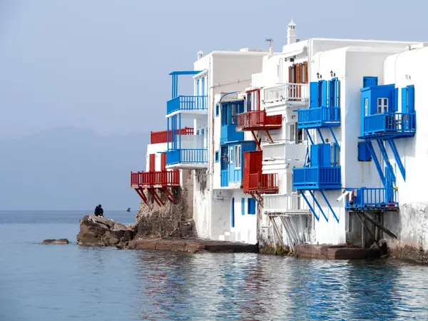 Blick Auf Klein Venedig Das Wahrzeichen Der Insel Mykonos Griechenland Stockbild