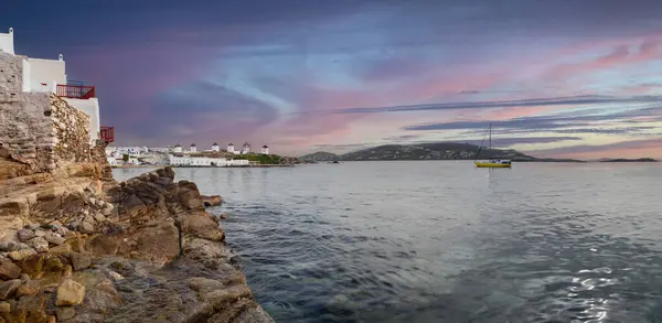 Vista Panorâmica Dos Moinhos Vento Ilha Mykonos Grécia Imagem De Stock