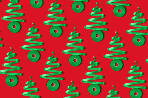New Year Pattern Concept Christmas Trees Made Green Ribbon Red — Stock Photo, Image