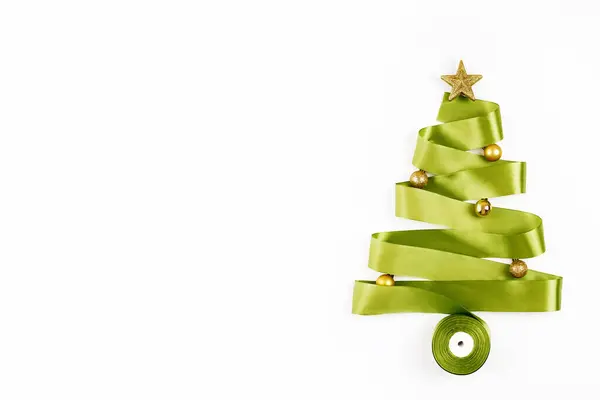 New Year Card Concept Christmas Tree Made Green Ribbon White — Stock Photo, Image