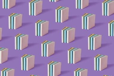 Pastel mor arka planda yumuşak gölgeli kitap deseni, kopyalama alanı. Eğitim, Eğitim ve Kitap Aşıkları Günü konsepti